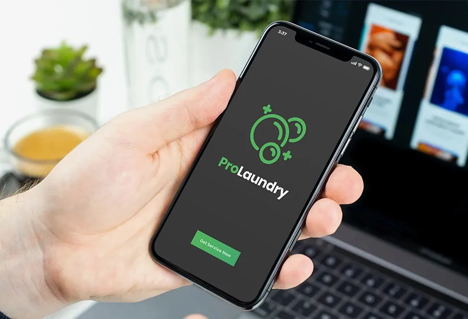 Hand holding a phone showing a laundry ordering app